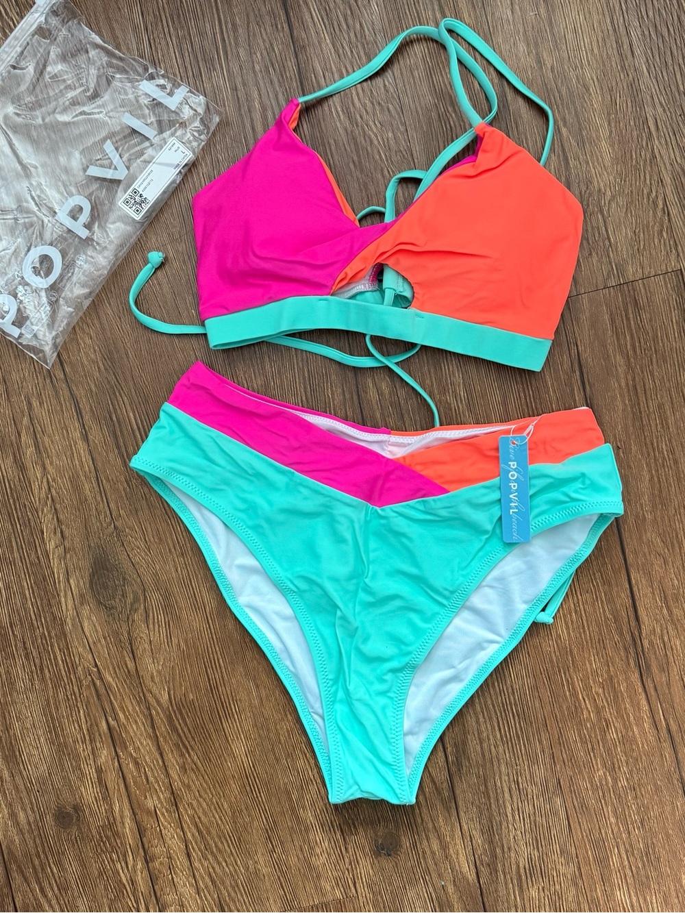 Popvil Color Block Front Cutout Back Lace-up Bikini Set NWT size Large